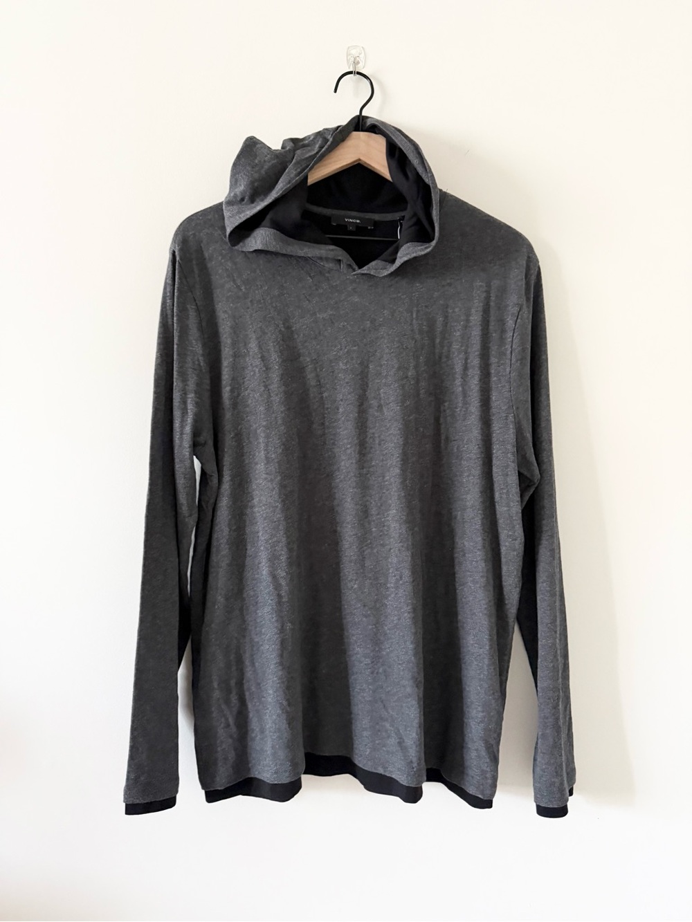 NWT Vince Gray & Black Pullover Hooded Lightweight Long-Sleeve Shirt Size L